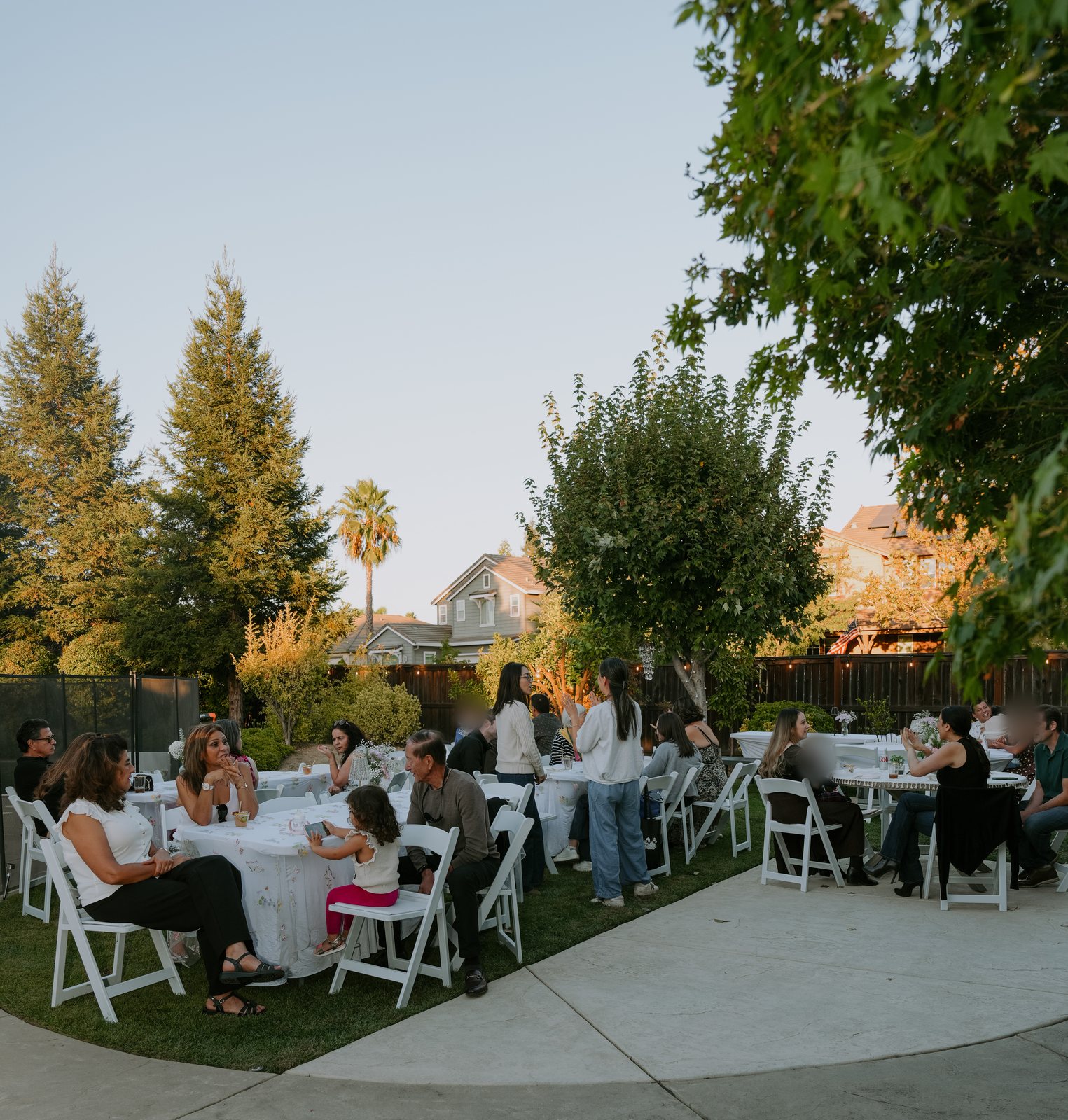 Guests sit on white folding chairs around round tables on a backyard lawn, with tall pines and a palm tree behind them and low sun on the treetops.