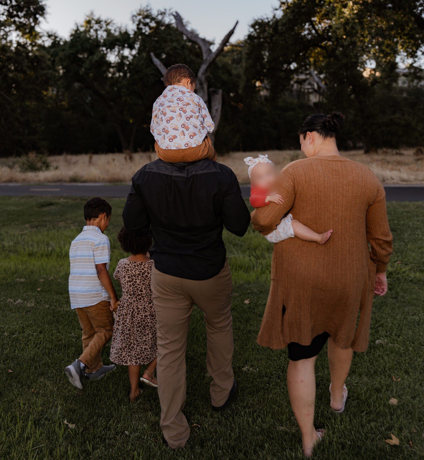 The family walking off across the grass, backs to the camera